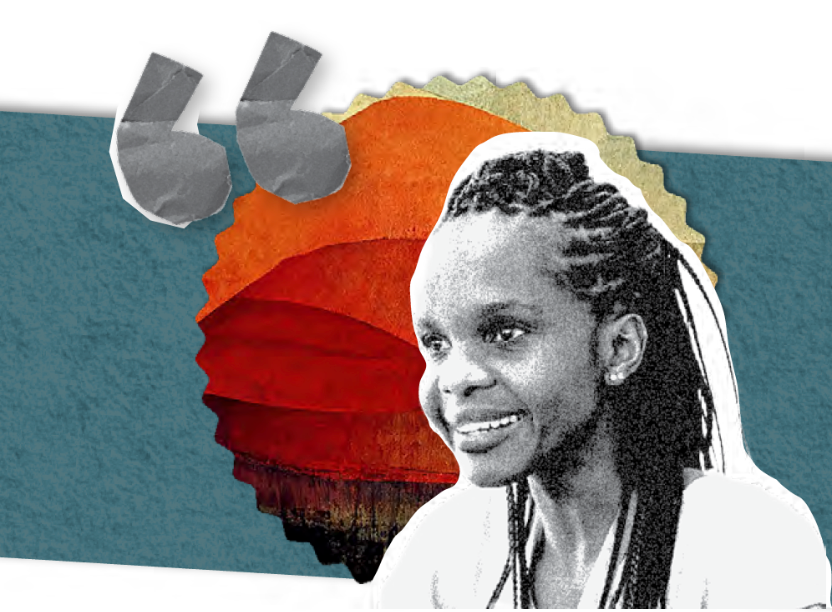A young women with braided hair smiles in front of a collaged background