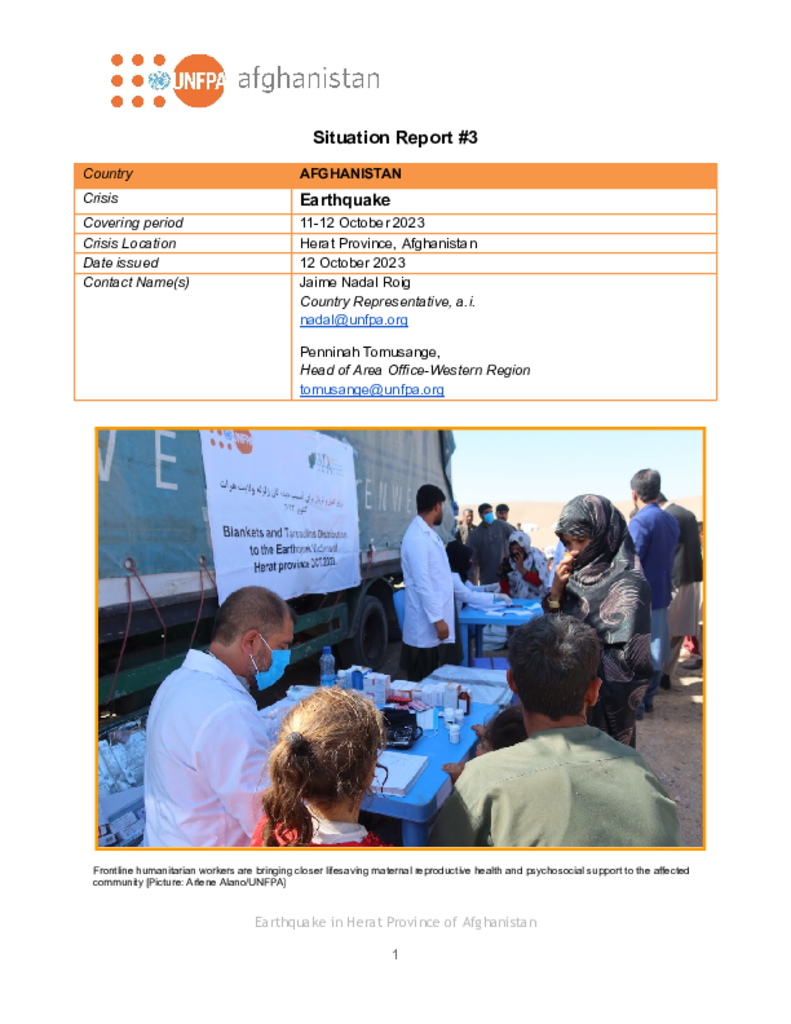 UNFPA Afghanistan Situation Report (Herat Province) #3: 11-12 October 2023