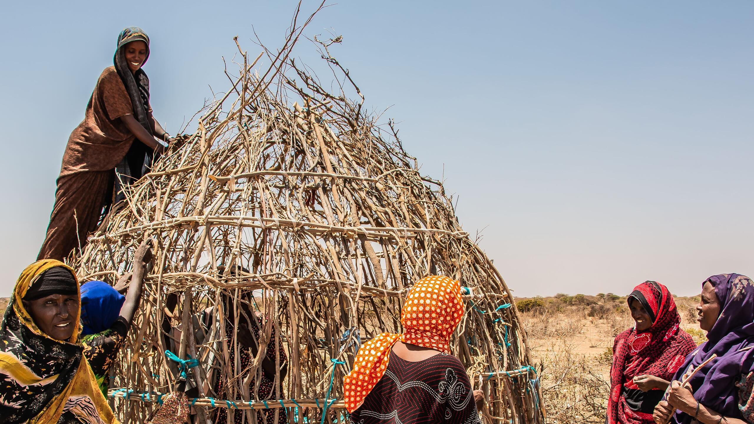 A group of women build a tent.